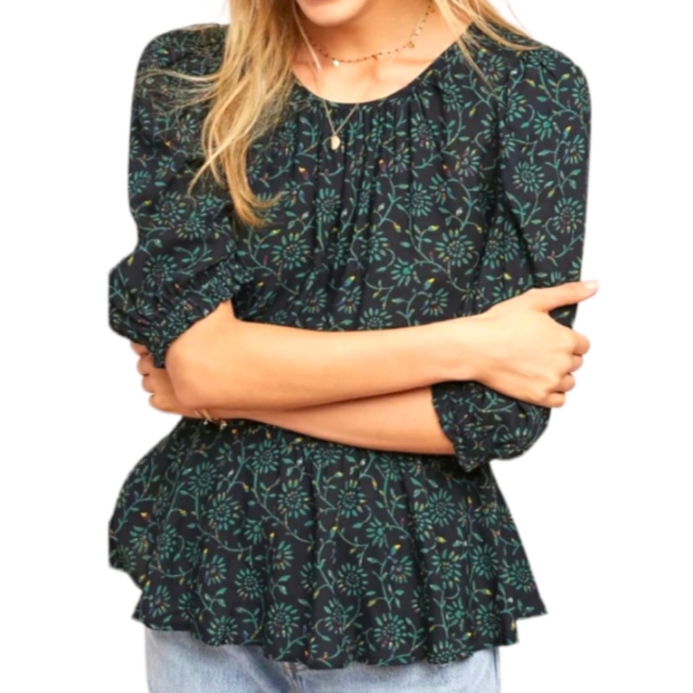 Anthropologie Meadow Rue Floral Botanical Puff Sleeve Top Size L
